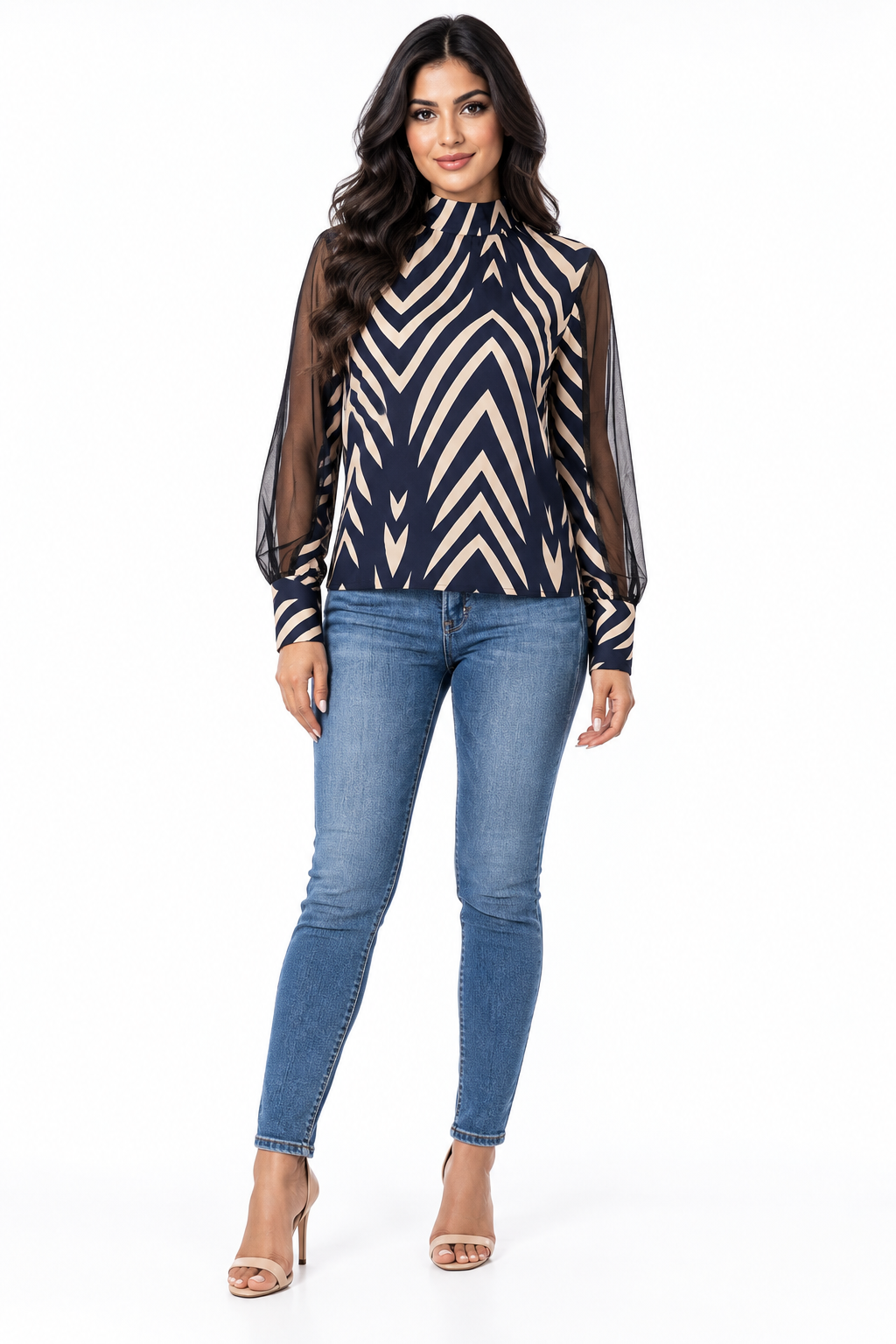 Sheer Sleeve Geometric Print - Blouse