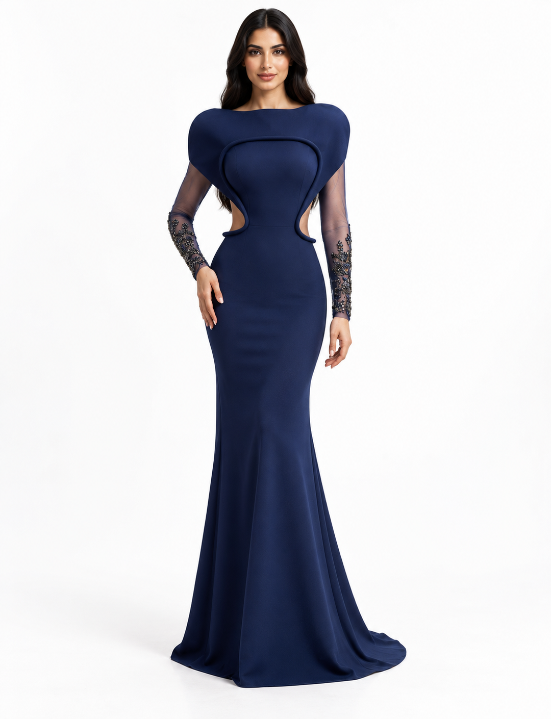 Navy Blue Sculpted Shoulder Beaded Mermaid Maxi Dress - Celestia