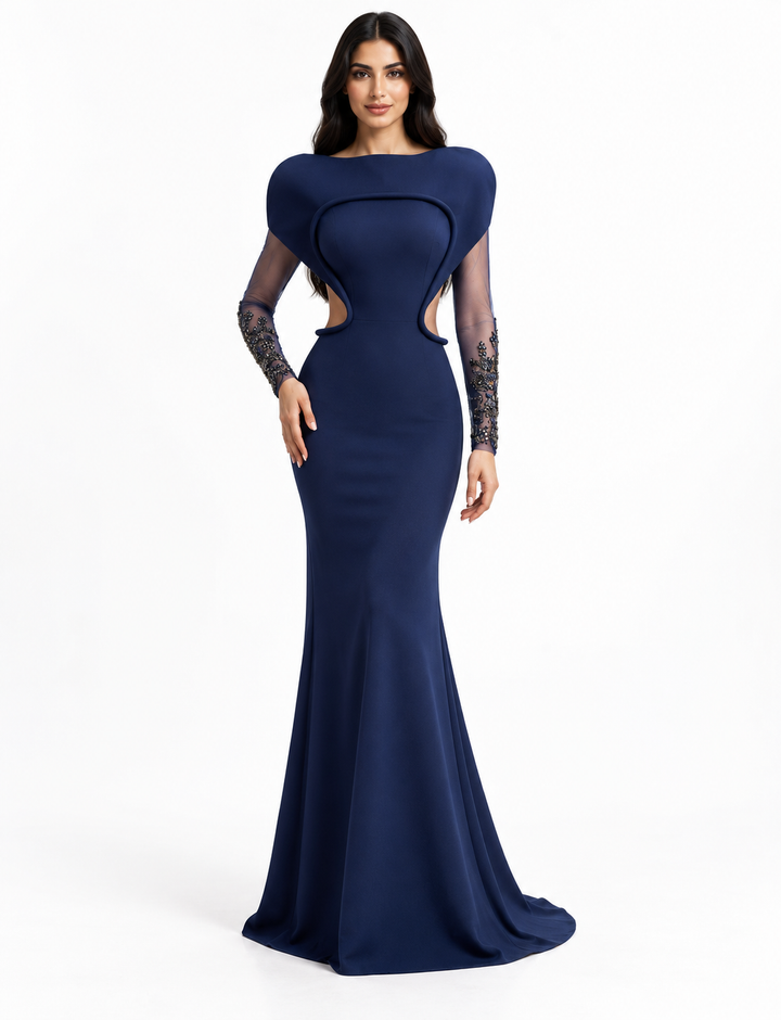 Navy Blue Sculpted Shoulder Beaded Mermaid Maxi Dress - Celestia