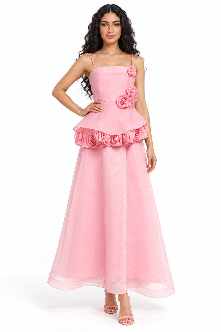 Floral Rosette Peplum Evening Gown - Rosamira