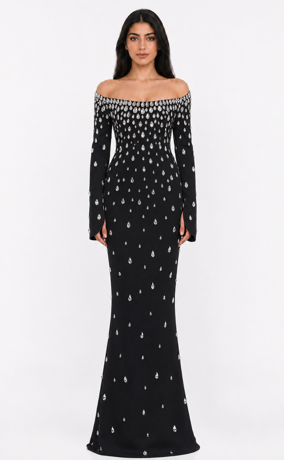 Crystal Embellished Off-Shoulder Mermaid Maxi Dress - Diamond