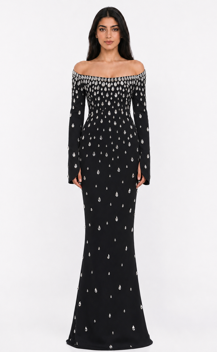 Crystal Embellished Off-Shoulder Mermaid Maxi Dress - Diamond