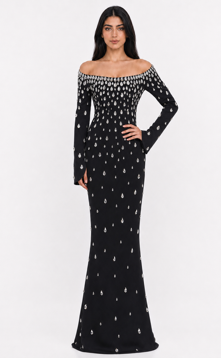 Crystal Embellished Off-Shoulder Mermaid Maxi Dress - Diamond