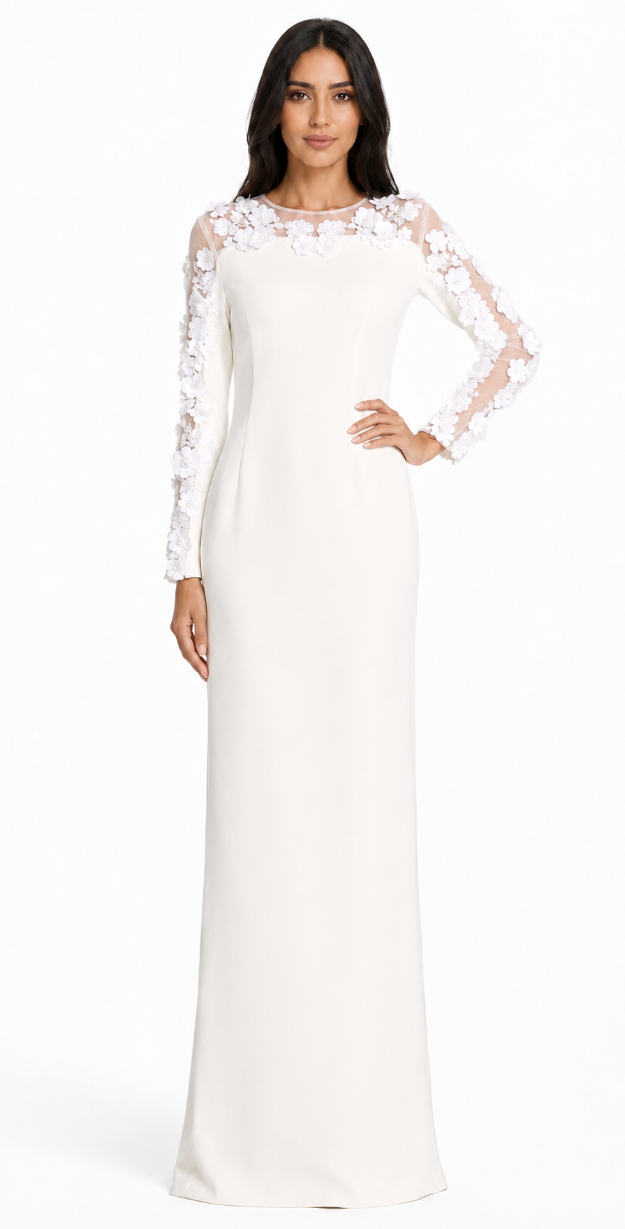 Floral Embellished Illusion Sleeve Maxi Dress - Ruby