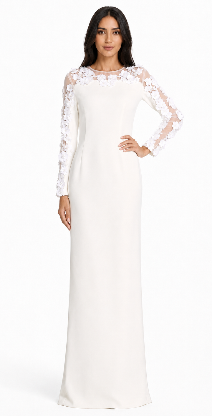 Floral Embellished Illusion Sleeve Maxi Dress - Ruby