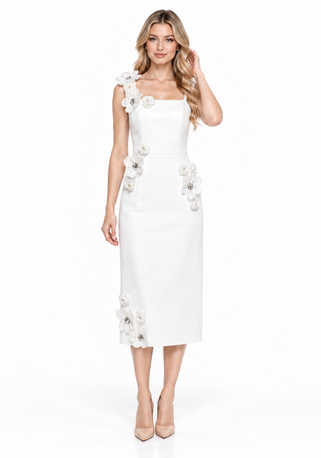 Floral Appliqué Square-Neck Midi Dress - Petalune