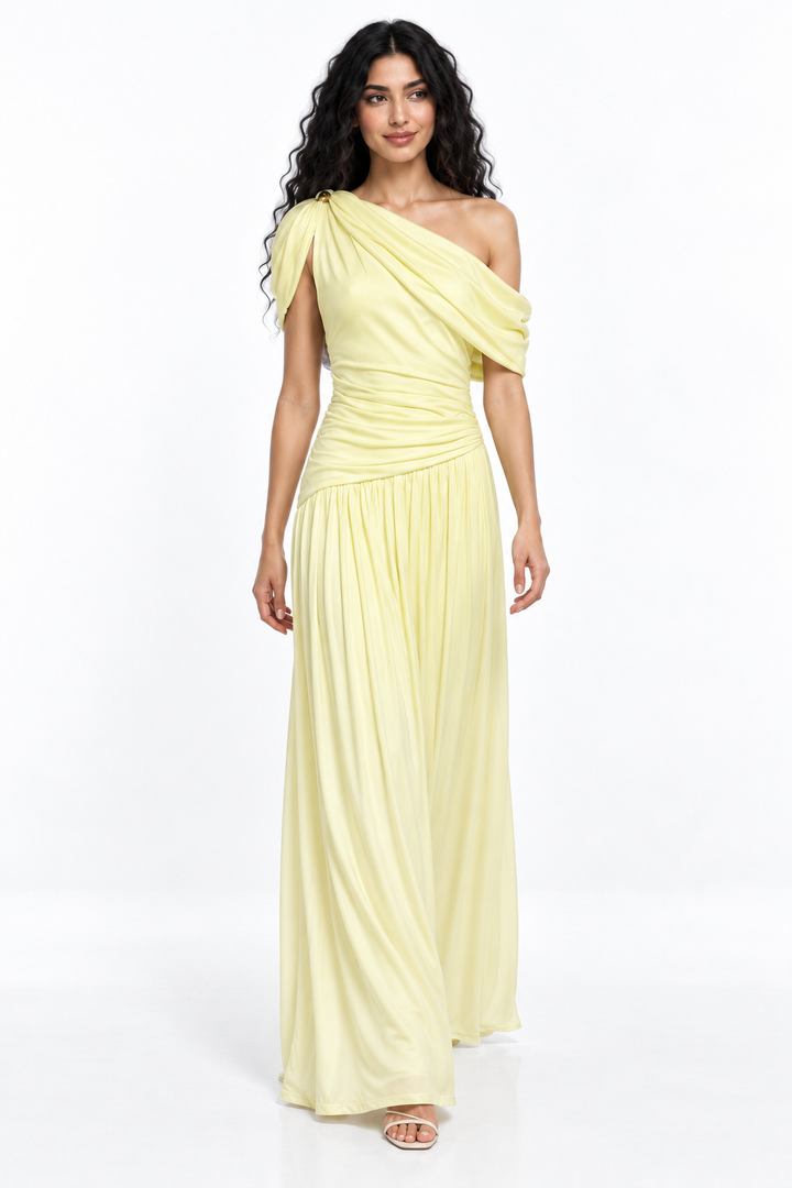 Asymmetric Ruched One-Shoulder Evening Gown - Rosavina