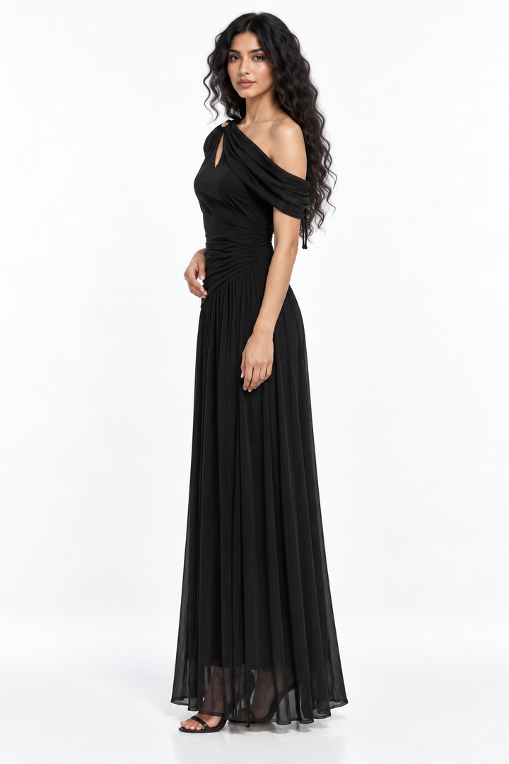 Asymmetric Ruched One-Shoulder Evening Gown - Rosavina