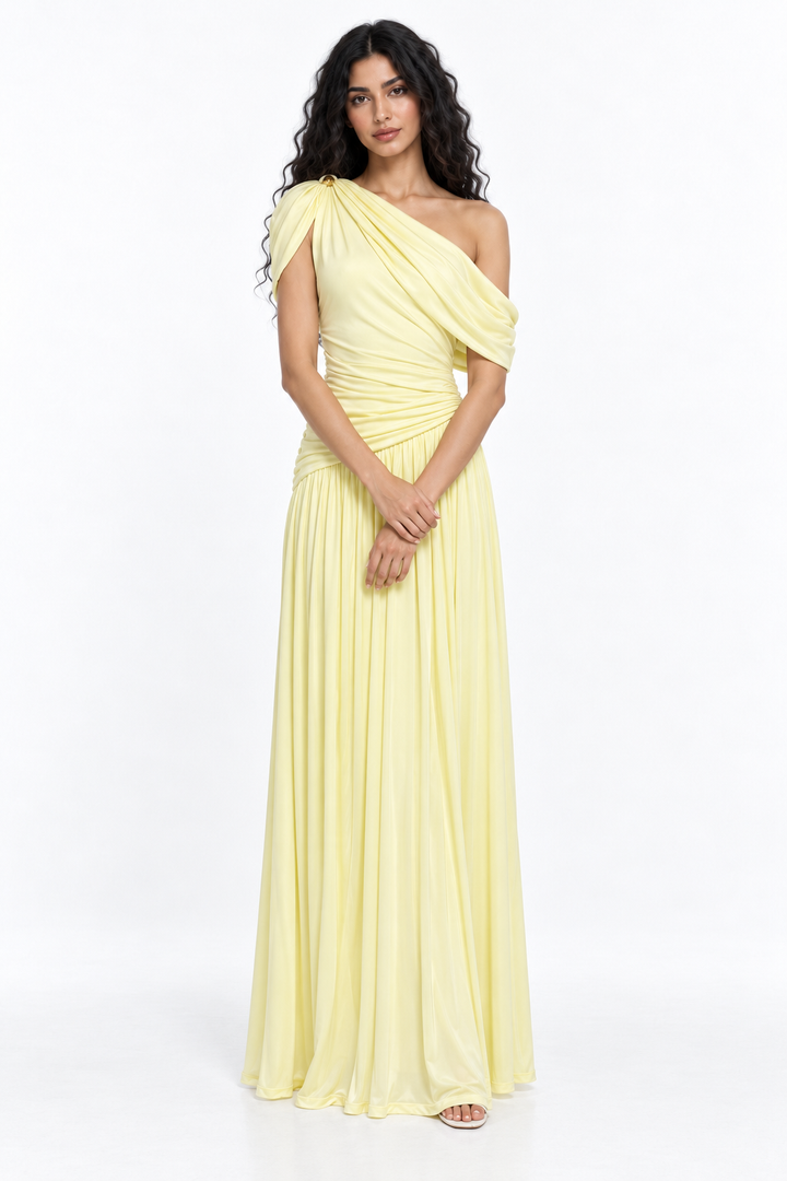 Asymmetric Ruched One-Shoulder Evening Gown - Rosavina
