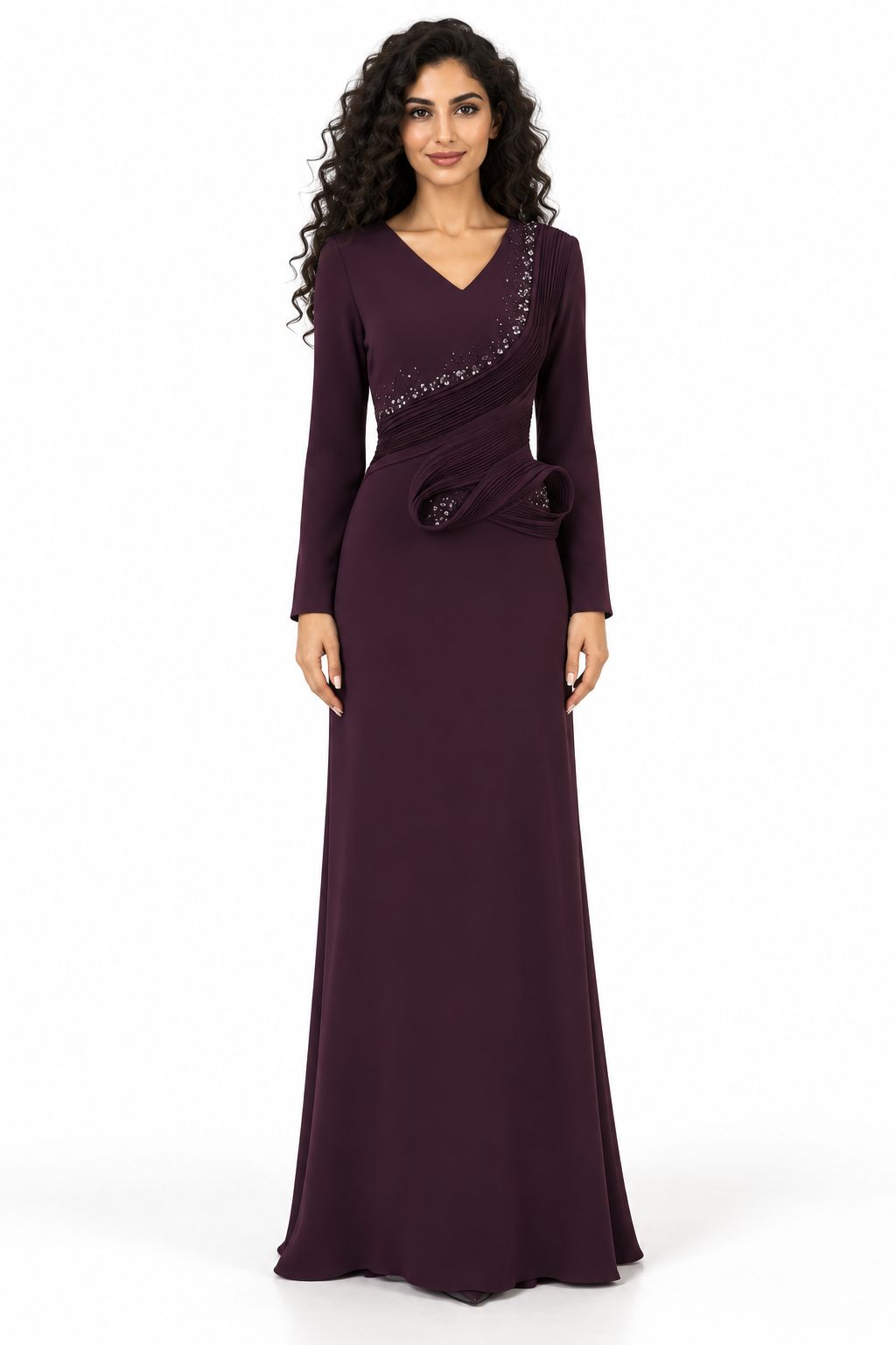 Plum Crystal Embellished Draped Maxi Dress - Elara