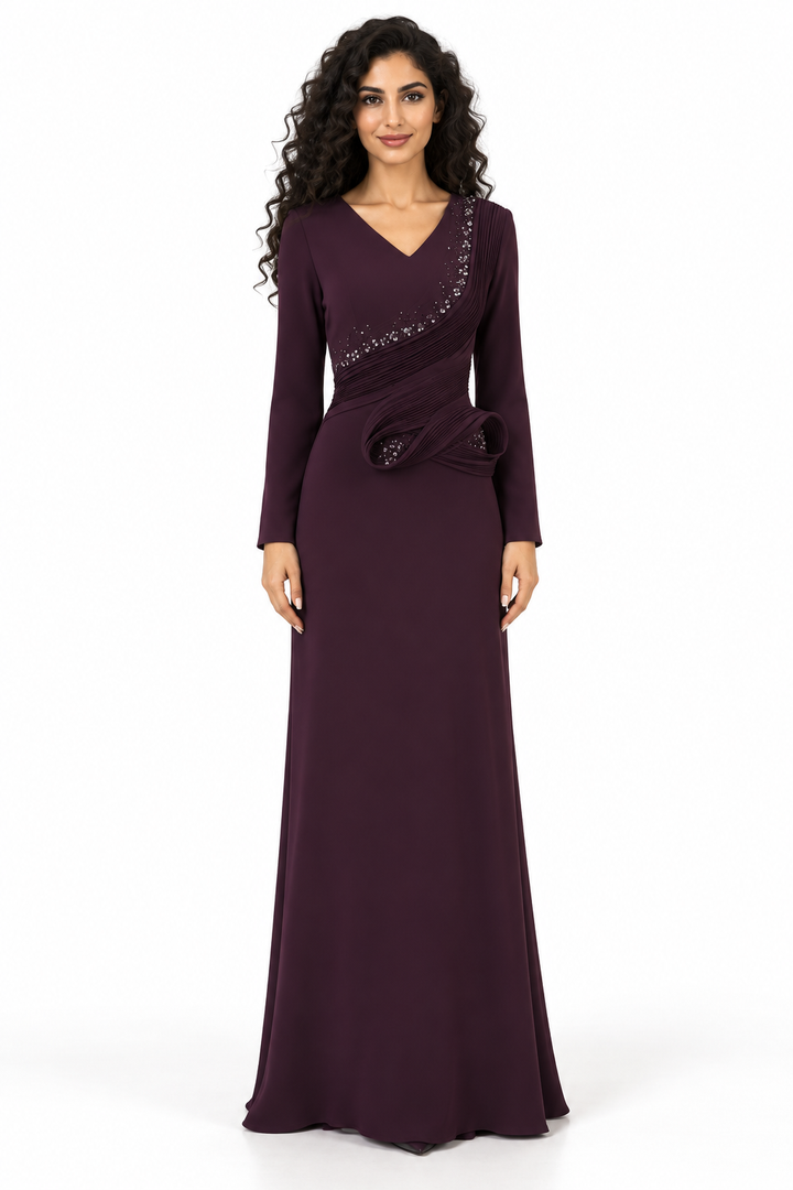 Plum Crystal Embellished Draped Maxi Dress - Elara