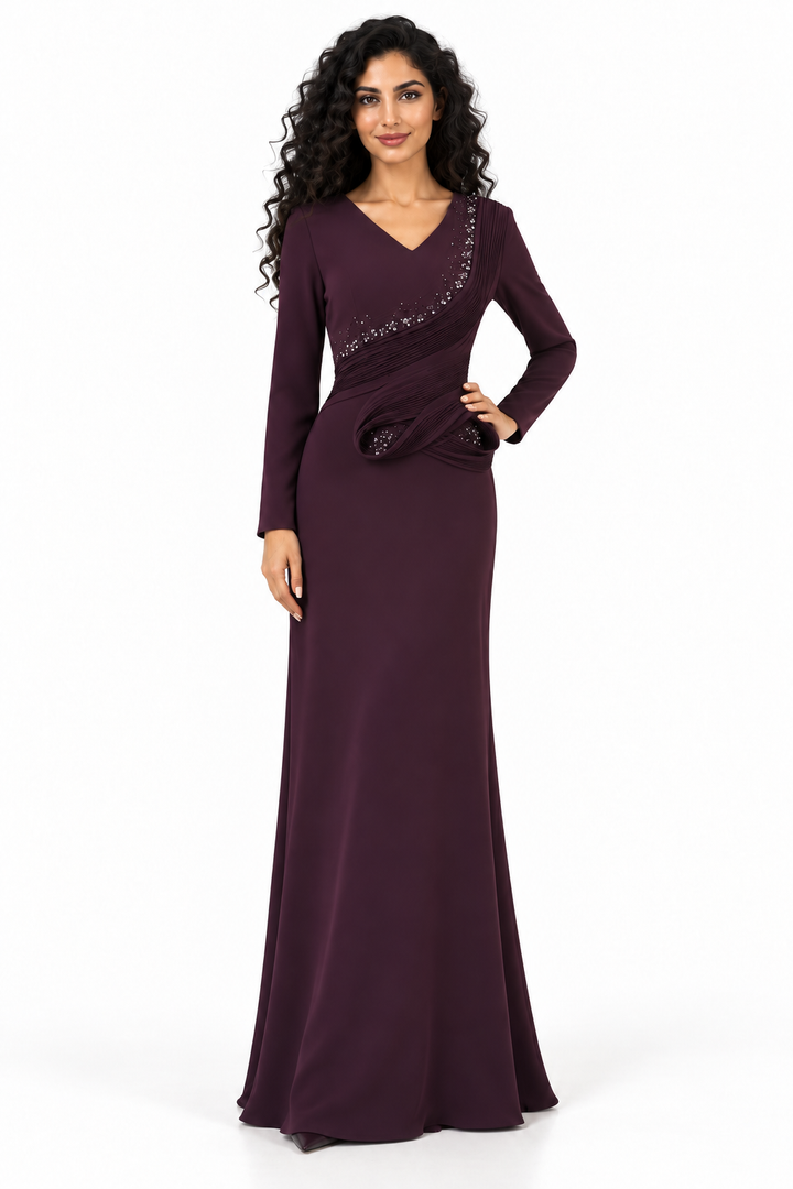 Plum Crystal Embellished Draped Maxi Dress - Elara