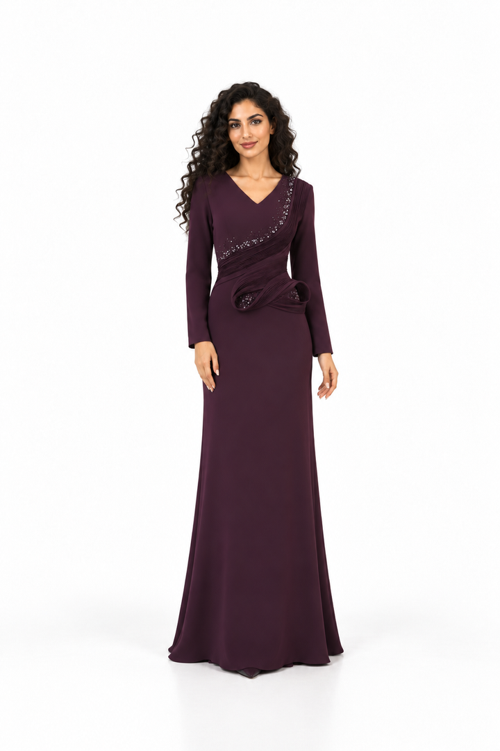 Plum Crystal Embellished Draped Maxi Dress - Elara
