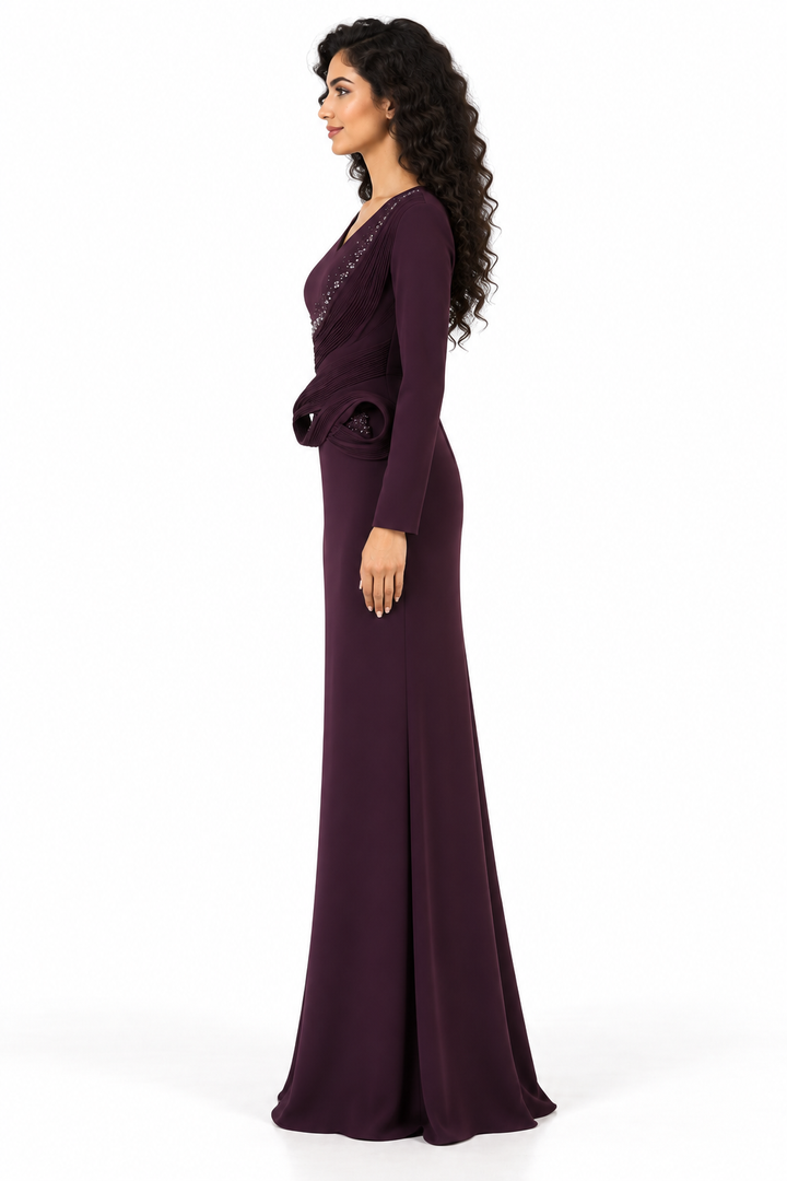 Plum Crystal Embellished Draped Maxi Dress - Elara