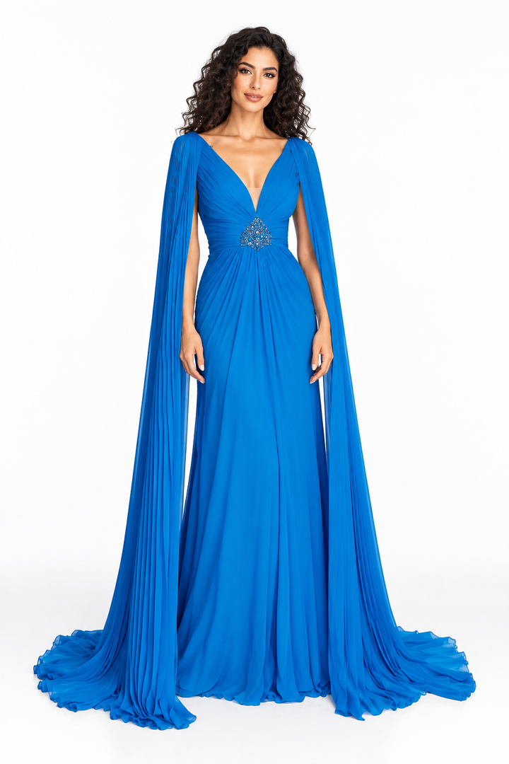 Azure Pleated Cape Gown -Celestine