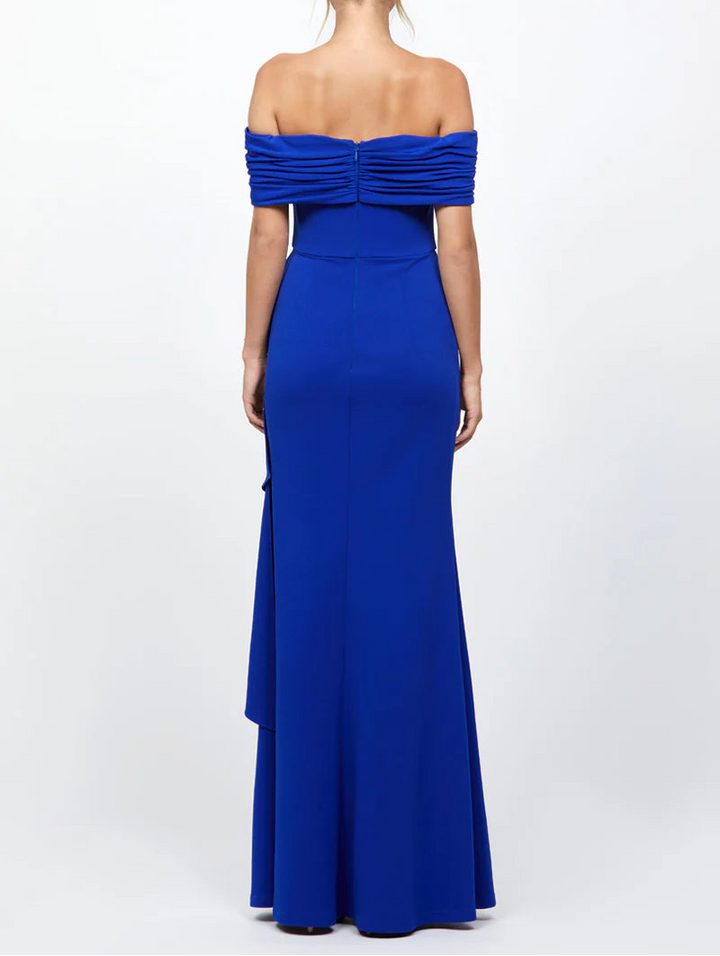 off-shoulder draped gown with cascading ruffle – ARIA