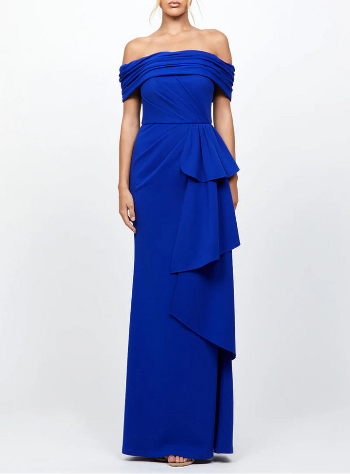 off-shoulder draped gown with cascading ruffle – ARIA
