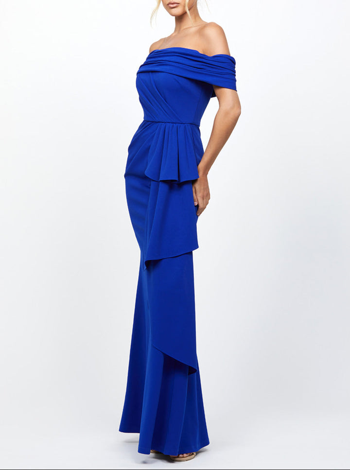 off-shoulder draped gown with cascading ruffle – ARIA