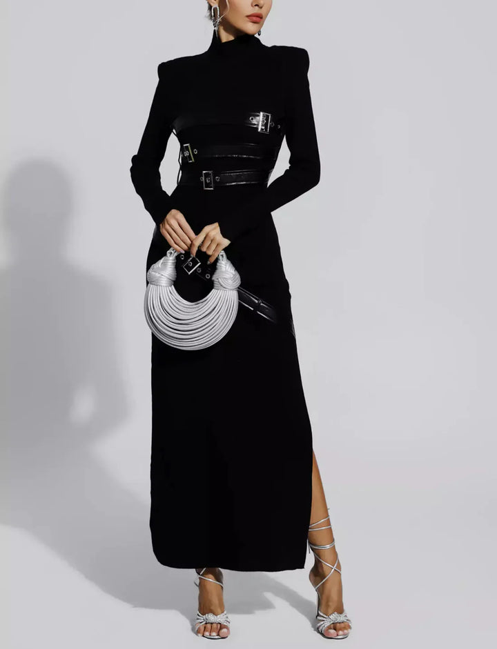 long-sleeve maxi dress with leather buckle accents – VESPERA