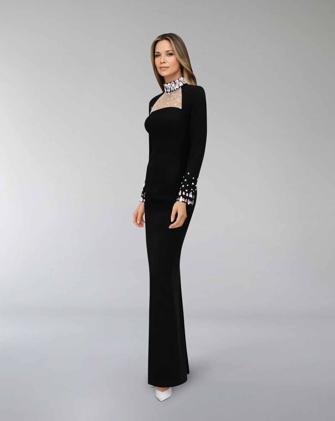 Long sleeves column dress with beaded neckline  - ZORINA