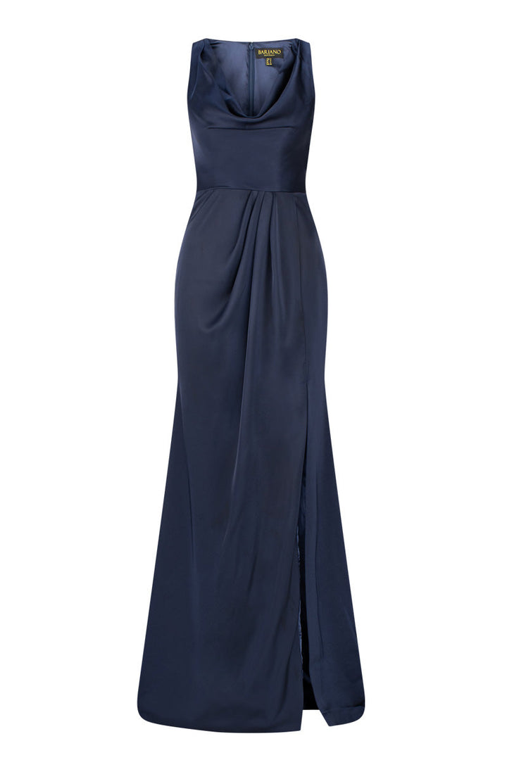 draped cowl-neck satin gown – MIDNIGHTE