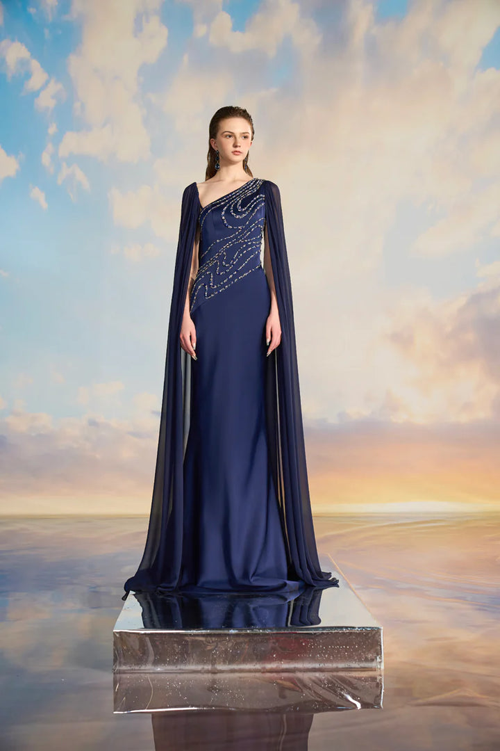 one-shoulder embellished gown with sheer cape – MIDNIGHTE