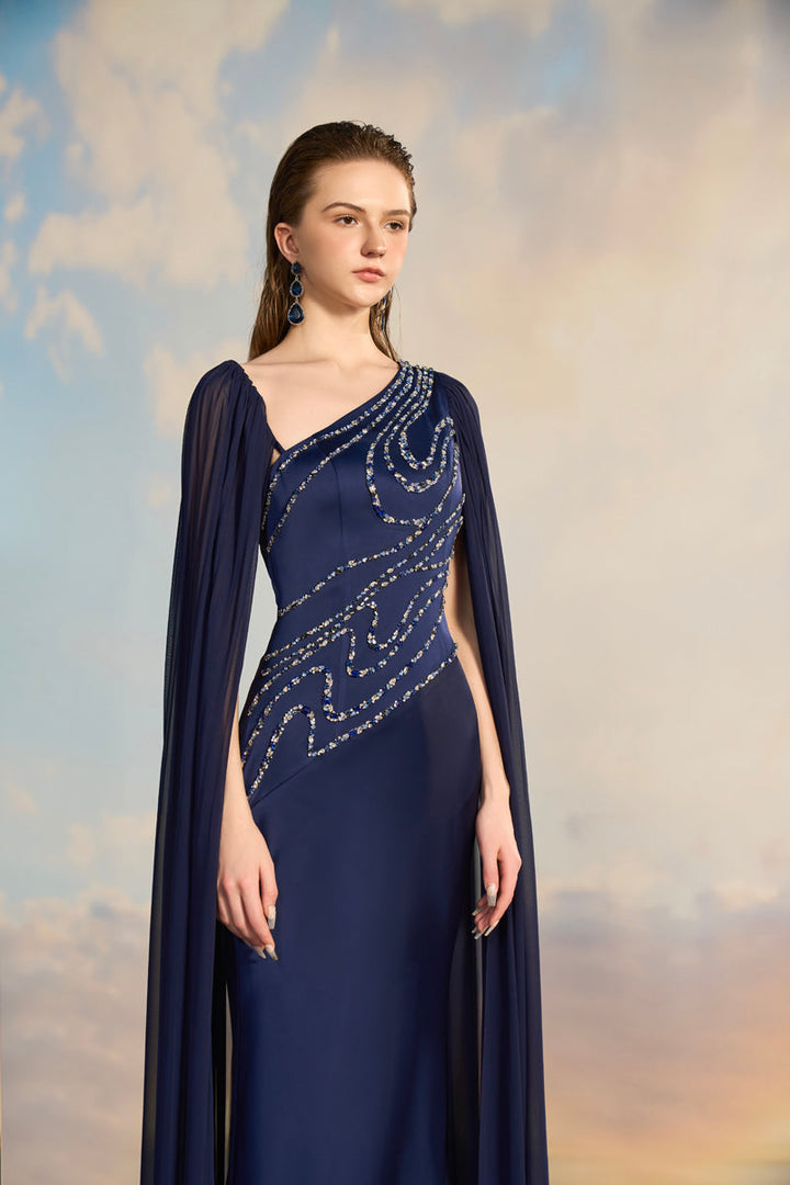 one-shoulder embellished gown with sheer cape – MIDNIGHTE