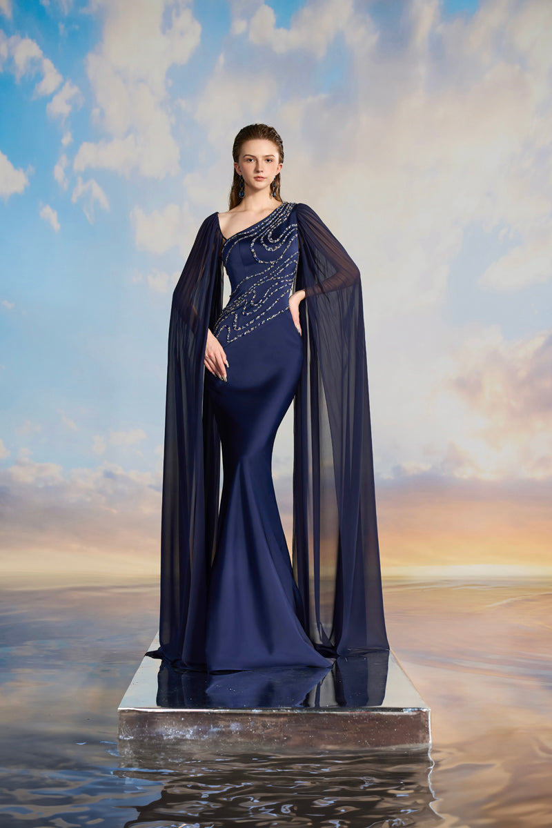 one-shoulder embellished gown with sheer cape – MIDNIGHTE
