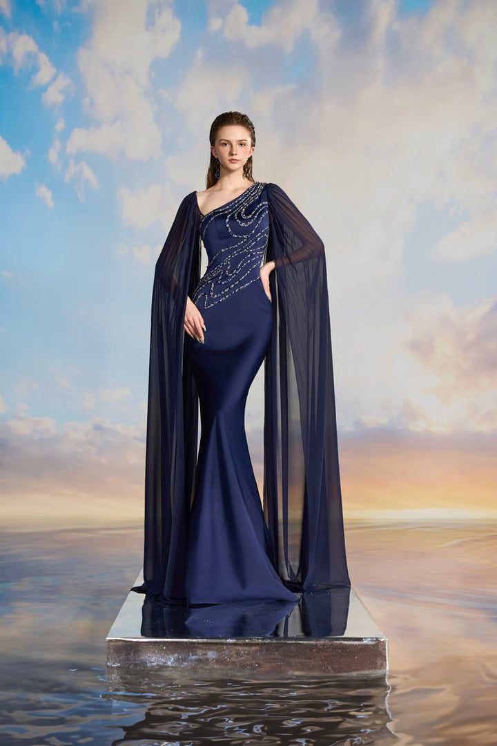 one-shoulder embellished gown with sheer cape – MIDNIGHTE