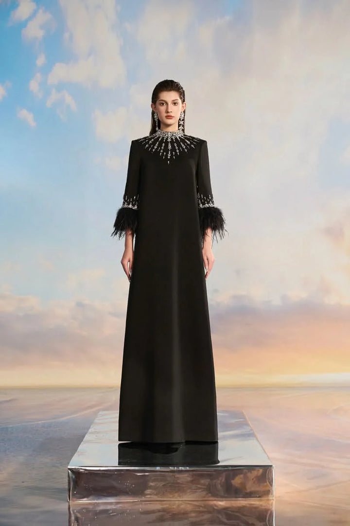 embellished column gown with feather-trimmed sleeves – NOIRÉ