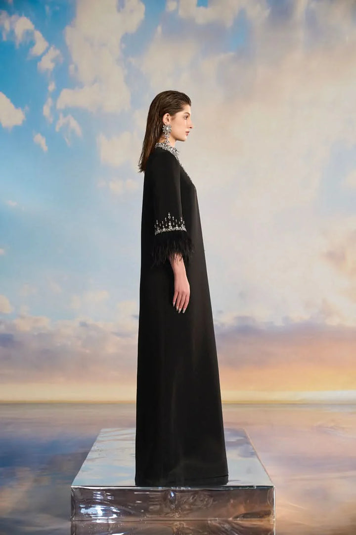 embellished column gown with feather-trimmed sleeves – NOIRÉ