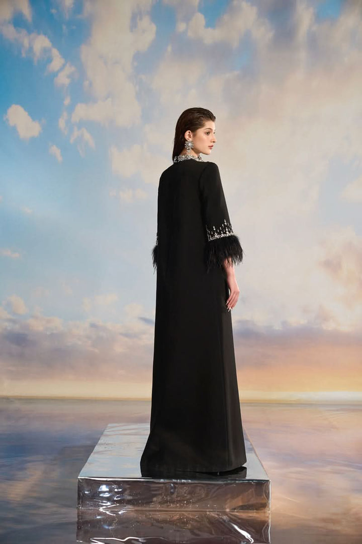 embellished column gown with feather-trimmed sleeves – NOIRÉ