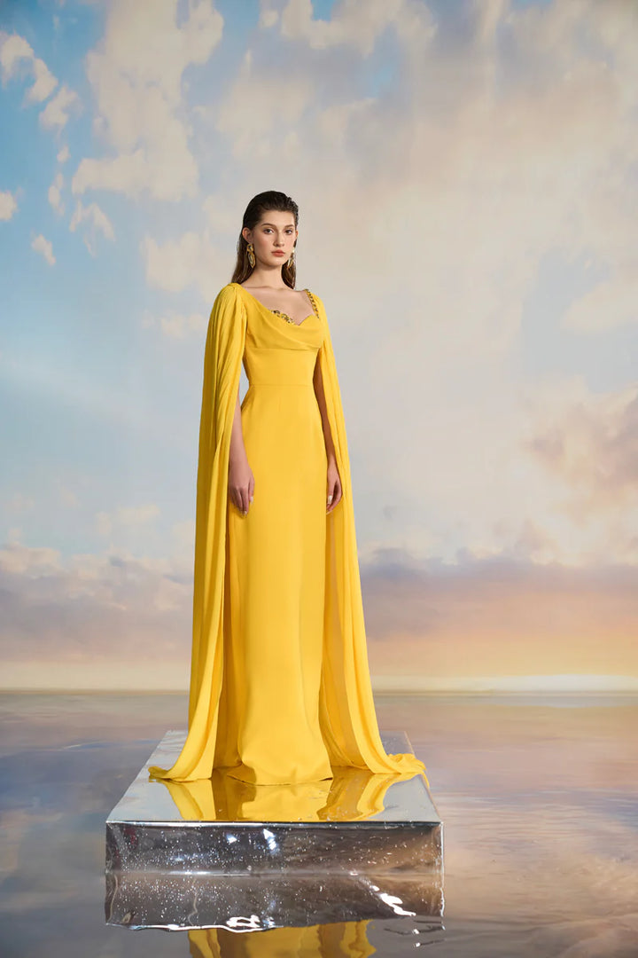 cape-sleeve gown with sculpted sweetheart neckline – SOLARA