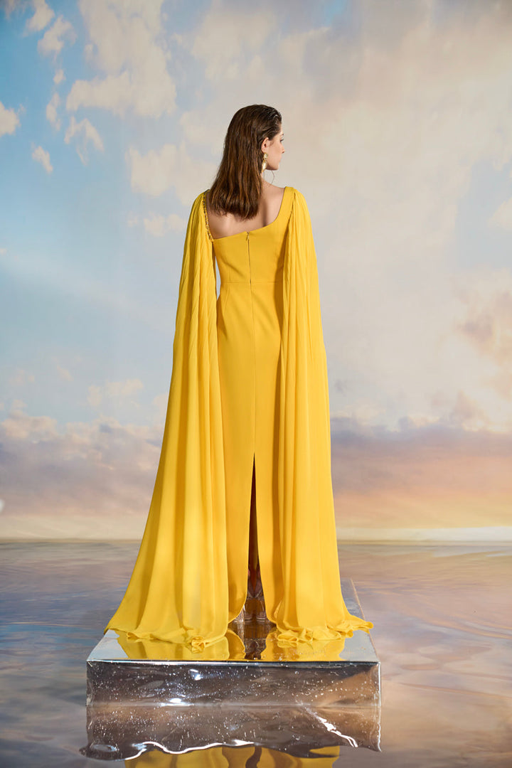 cape-sleeve gown with sculpted sweetheart neckline – SOLARA