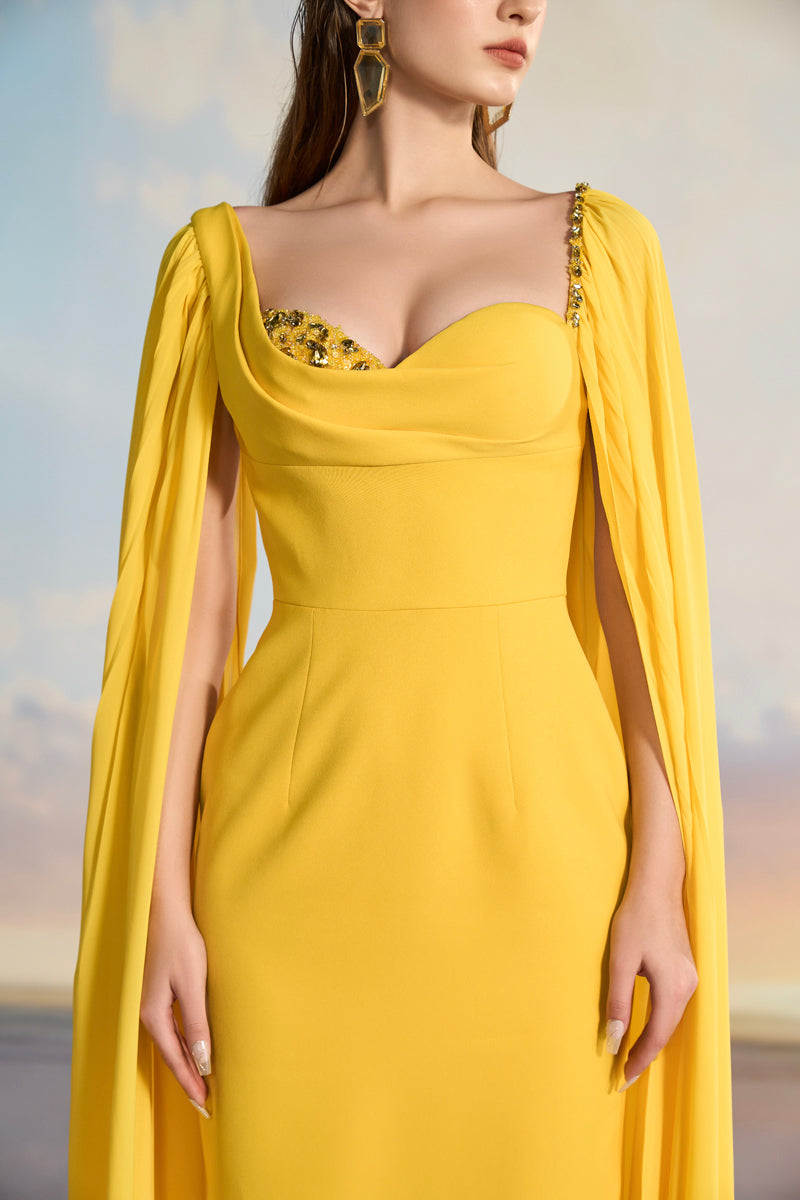 cape-sleeve gown with sculpted sweetheart neckline – SOLARA