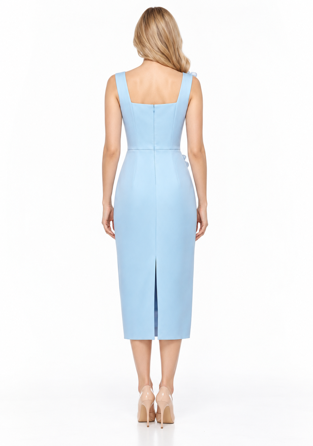 Floral Appliqué Square-Neck Midi Dress - Petalune