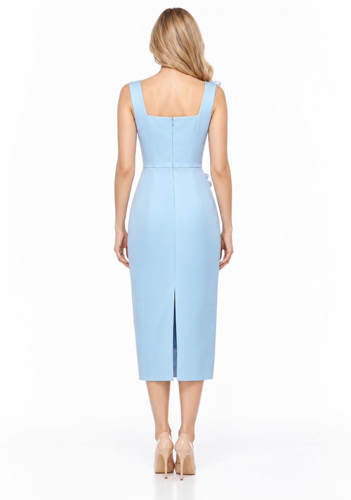 Floral Appliqué Square-Neck Midi Dress - Petalune