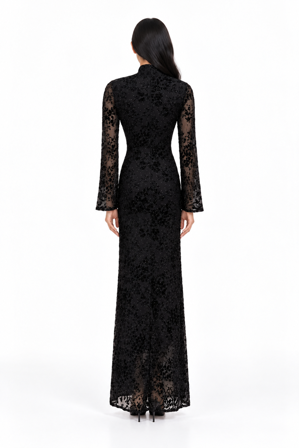 Embellished High-Neck Velvet Evening Gown - Noirevia