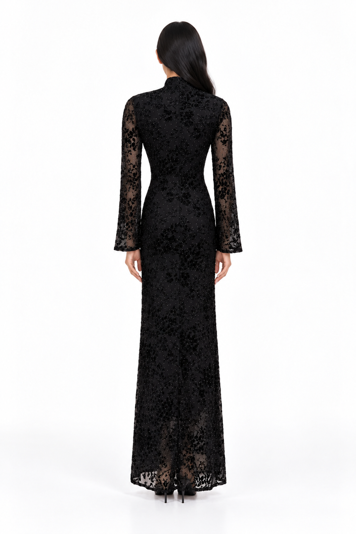 Embellished High-Neck Velvet Evening Gown - Noirevia