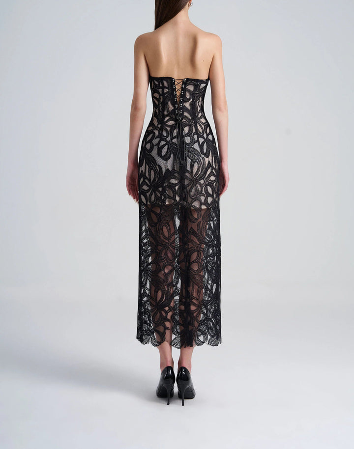 strapless lace midi dress with sheer corset bodice – AURFA