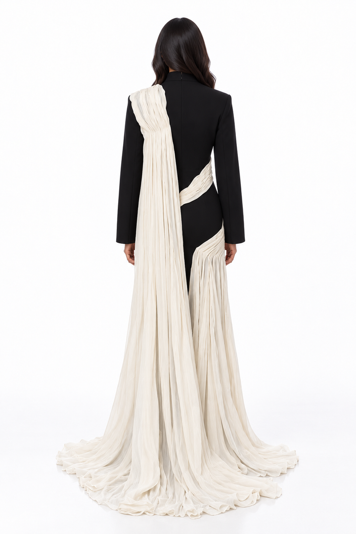 Contrast Draped Column Gown - Monochrome