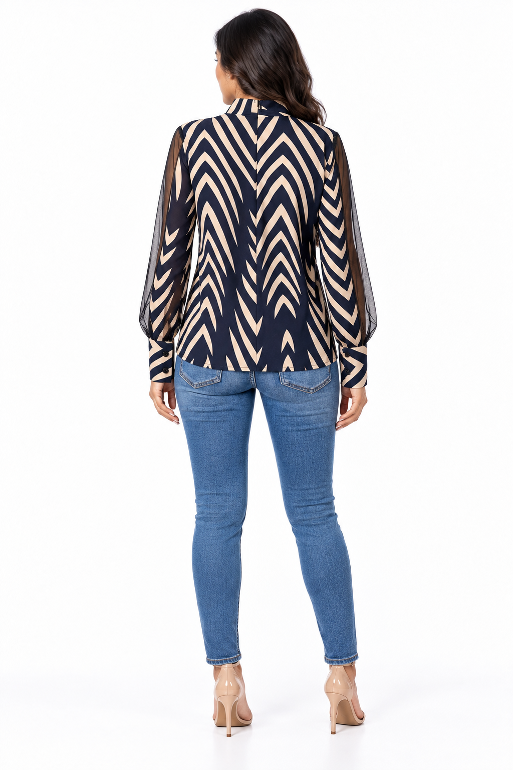 Sheer Sleeve Geometric Print - Blouse