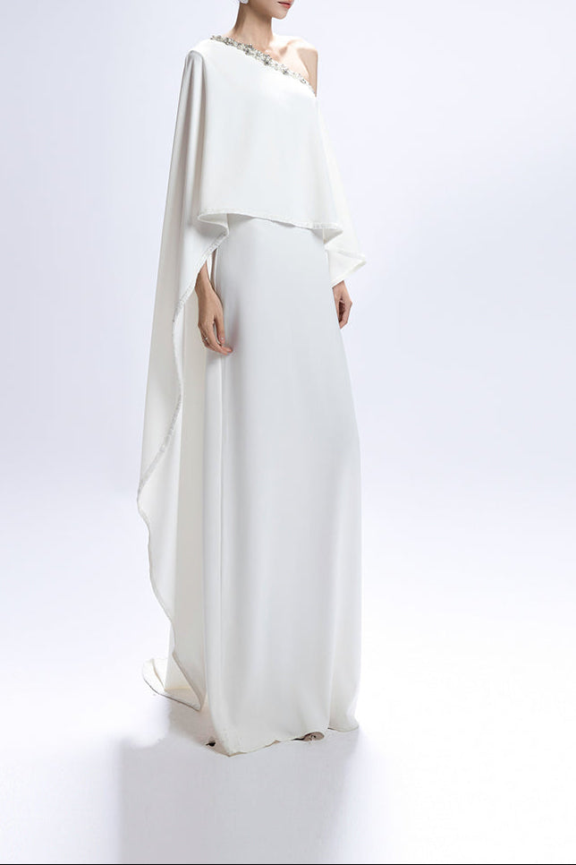 one-shoulder cape gown with jeweled neckline – IVORYE