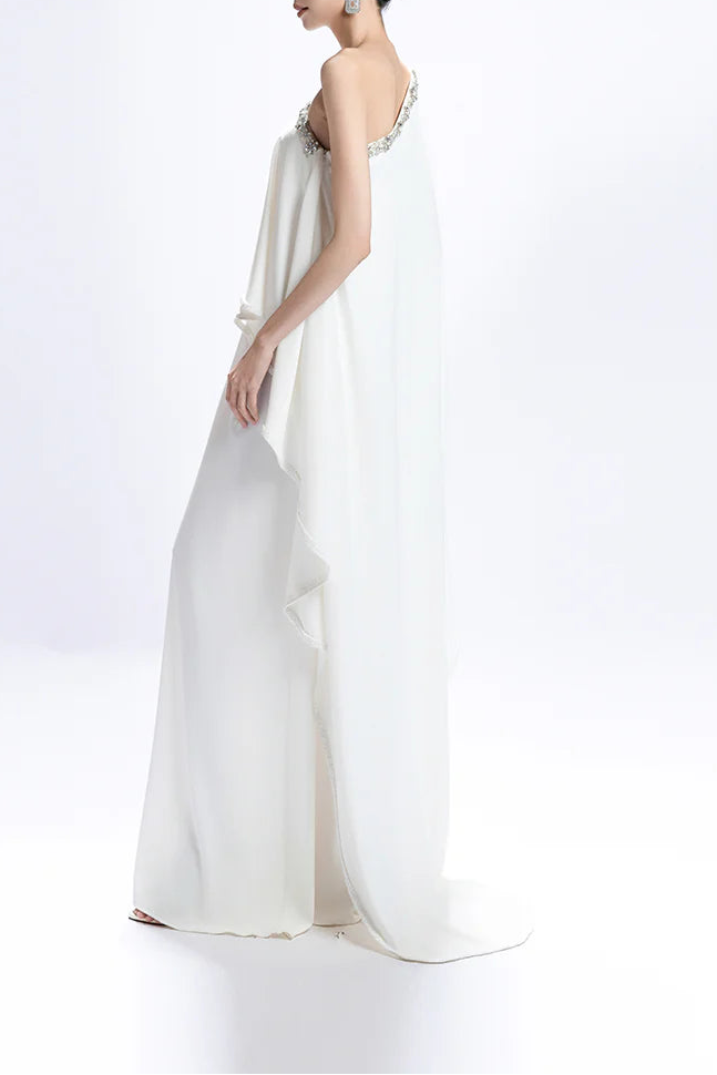 one-shoulder cape gown with jeweled neckline – IVORYE
