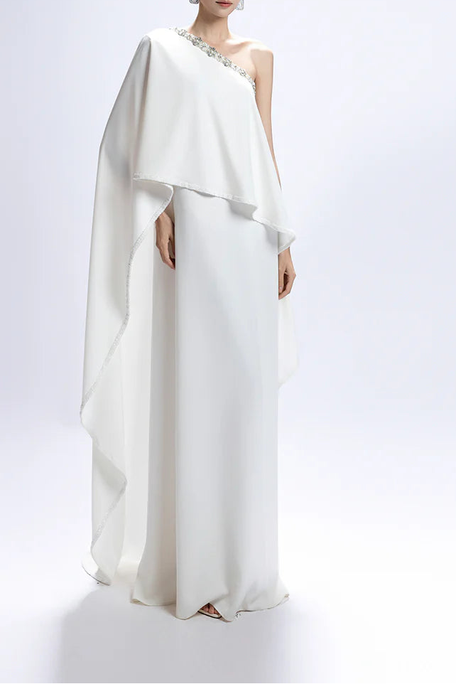 one-shoulder cape gown with jeweled neckline – IVORYE