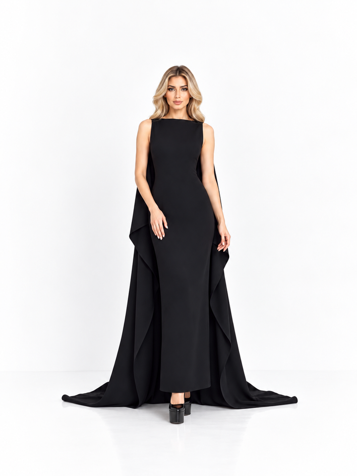 Black Sleeveless Cape Midi Dress - Elara