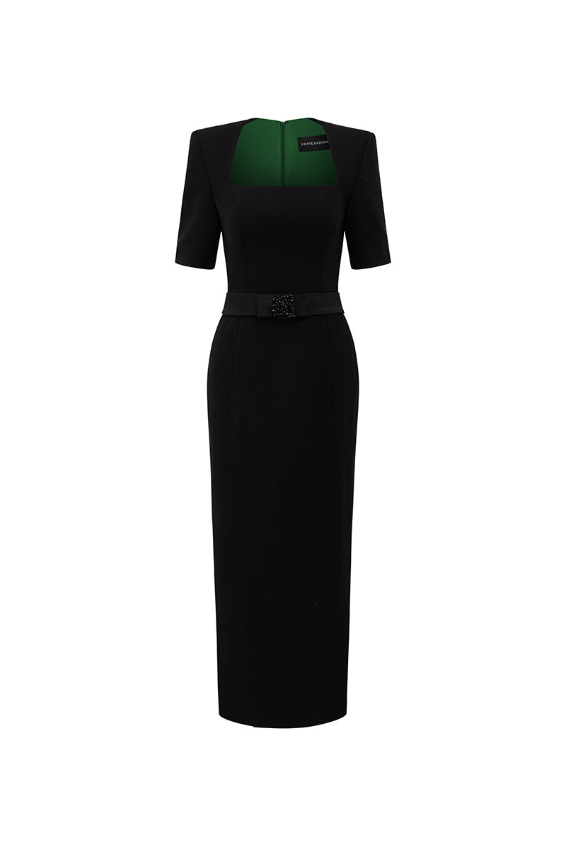 square-neck midi dress with sheer sleeves – NOIRE