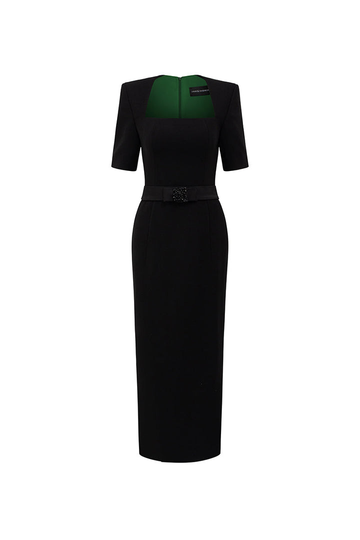 square-neck midi dress with sheer sleeves – NOIRE