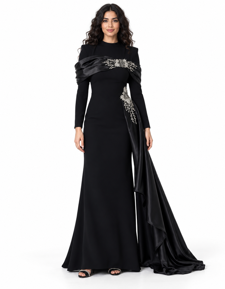 Black Crystal Embellished Draped Cape Maxi Dress - Alessia