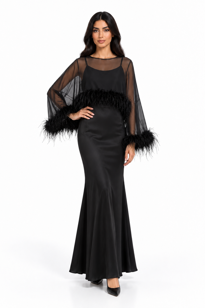 Feather Trim Sheer Overlay Evening Gown - Noirissa
